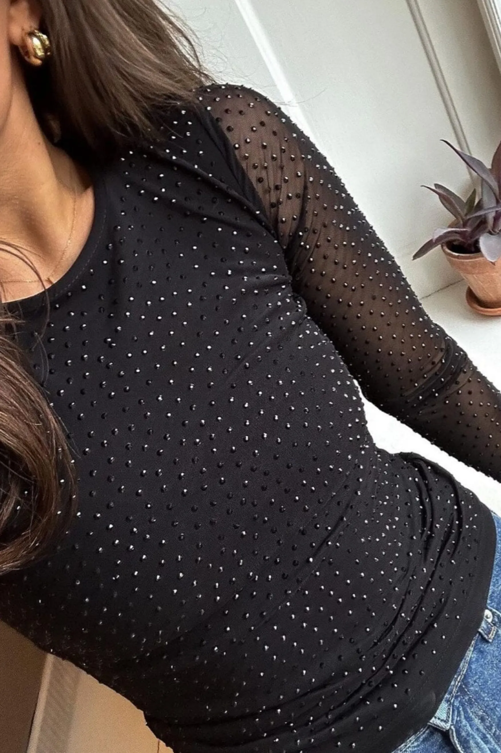Sale Neo Noir Basira stone mesh blouse, black
