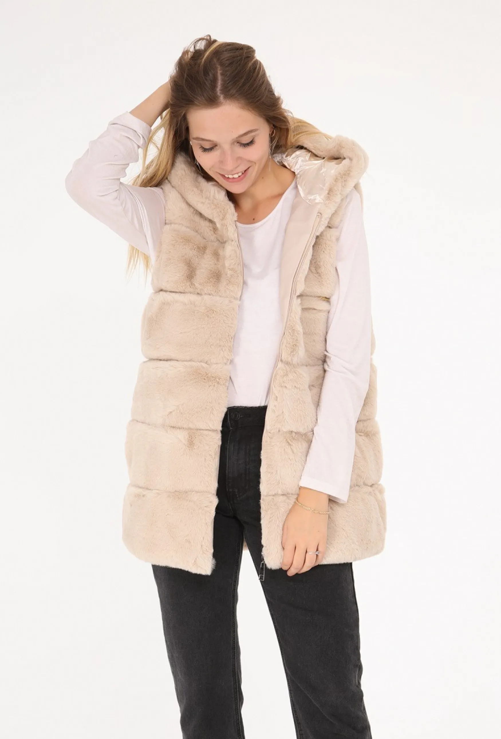 Outlet Choklate Paris Faux fur vest with hood, beige